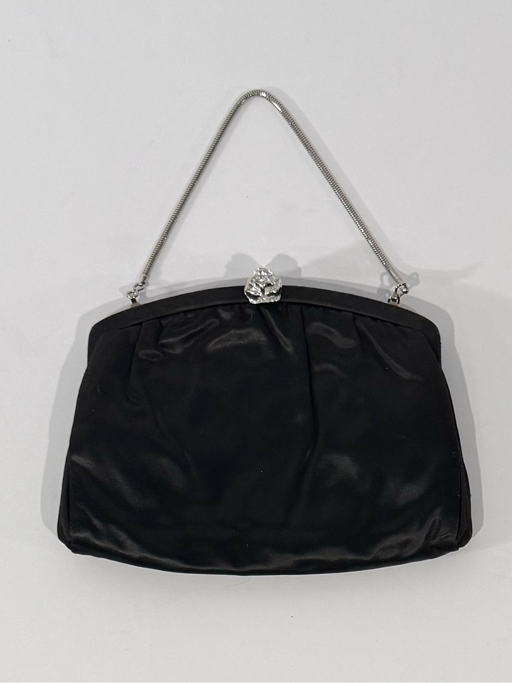 Classic Vintage Midcentury Black Satin Evening Bag With Ornate Rose Clasp
